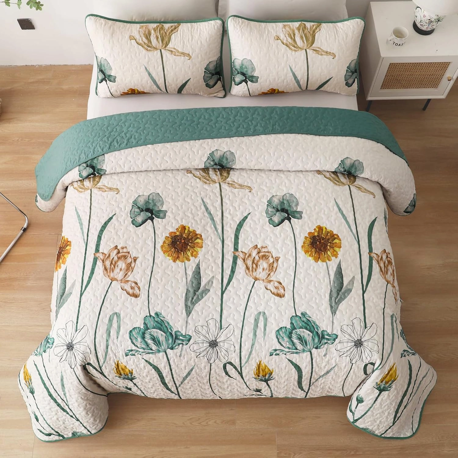 WONGS BEDDING Floral Quilt Set King,Green Yellow Printed Botanical Bedspread Bedding Set with 2 Pillowcase,Lightweight Spring Farmhouse Coverlet Set for All Season (104"x90")
