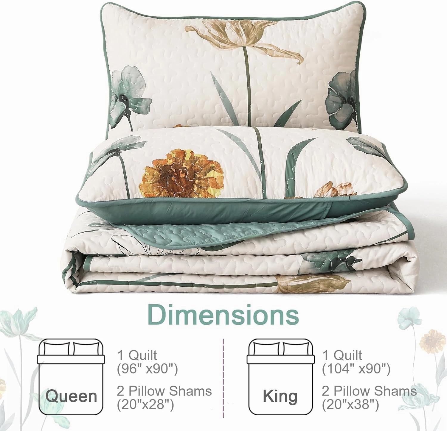 WONGS BEDDING Floral Quilt Set King,Green Yellow Printed Botanical Bedspread Bedding Set with 2 Pillowcase,Lightweight Spring Farmhouse Coverlet Set for All Season (104"x90")