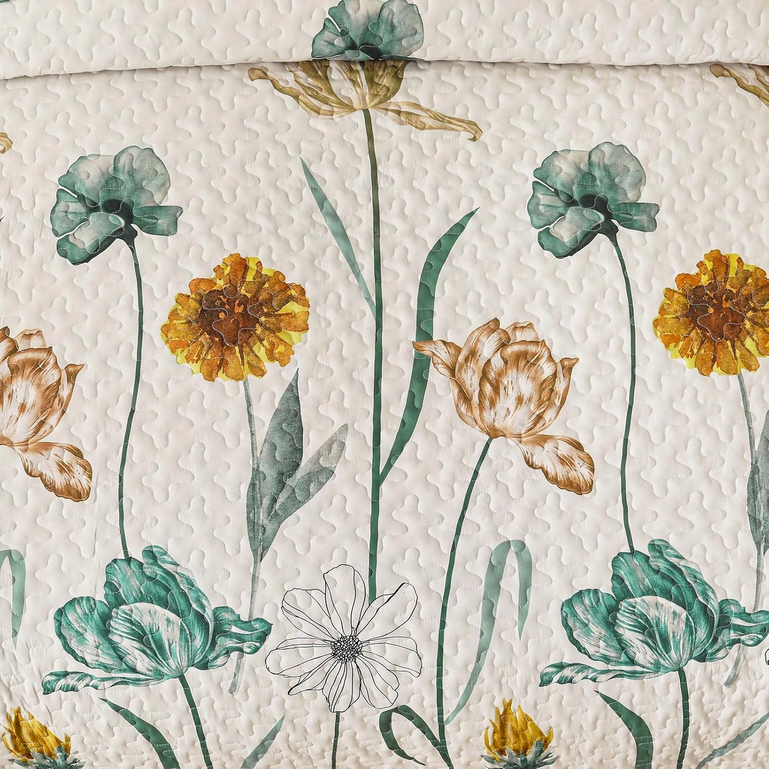WONGS BEDDING Floral Quilt Set King,Green Yellow Printed Botanical Bedspread Bedding Set with 2 Pillowcase,Lightweight Spring Farmhouse Coverlet Set for All Season (104"x90")
