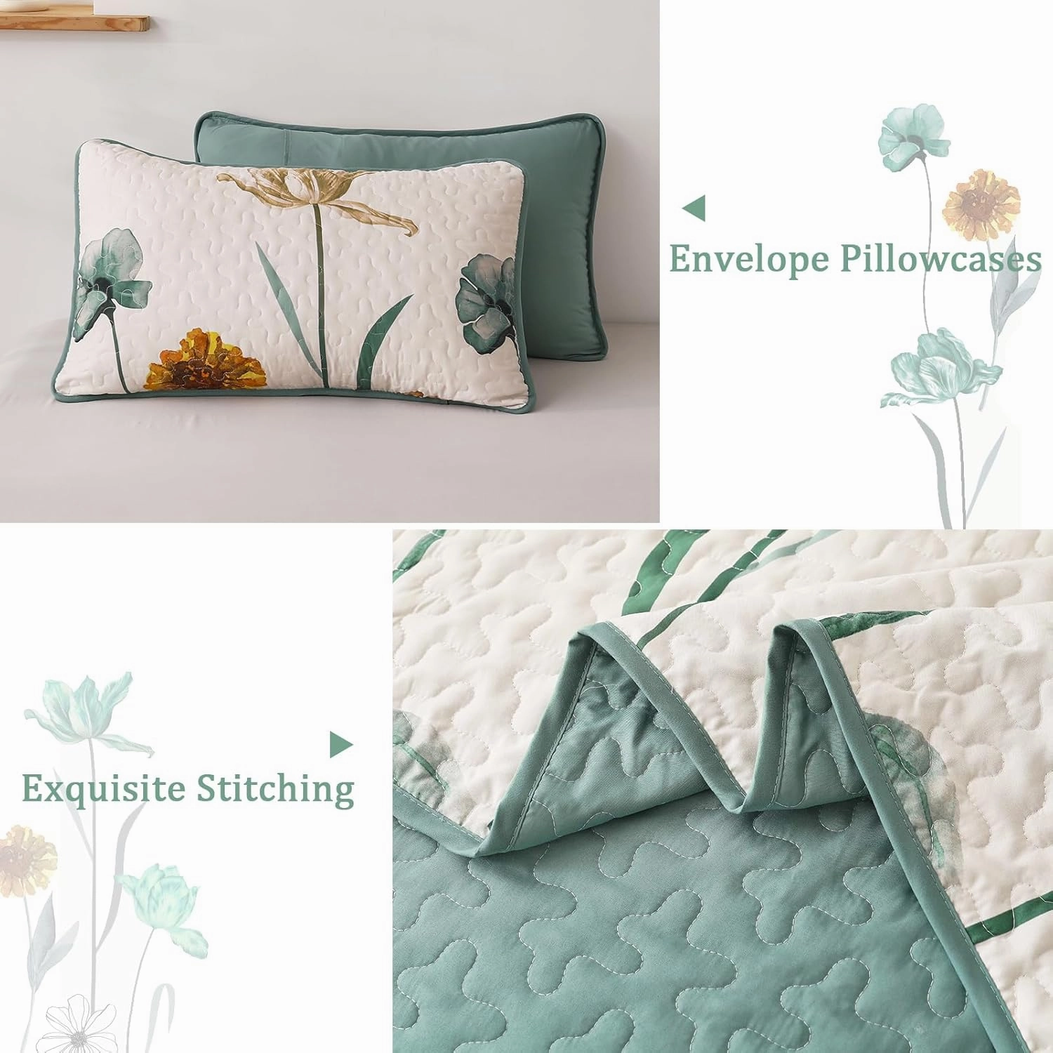 WONGS BEDDING Floral Quilt Set King,Green Yellow Printed Botanical Bedspread Bedding Set with 2 Pillowcase,Lightweight Spring Farmhouse Coverlet Set for All Season (104"x90")