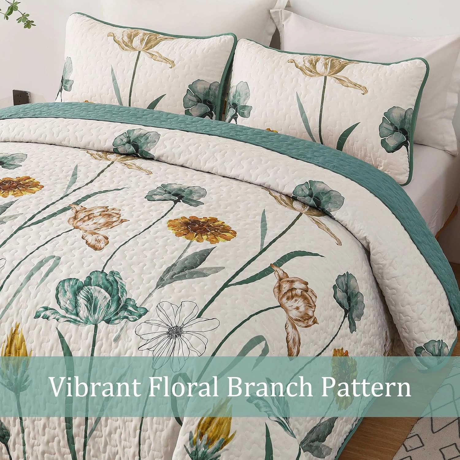 WONGS BEDDING Floral Quilt Set King,Green Yellow Printed Botanical Bedspread Bedding Set with 2 Pillowcase,Lightweight Spring Farmhouse Coverlet Set for All Season (104"x90")