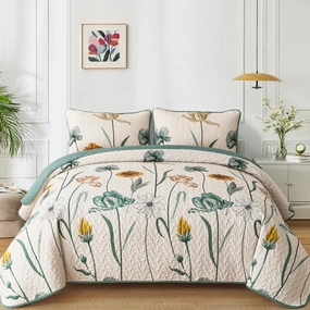 WONGS BEDDING Floral Quilt Set King,Green Yellow Printed Botanical Bedspread Bedding Set with 2 Pillowcase,Lightweight Spring Farmhouse Coverlet Set for All Season (104"x90")