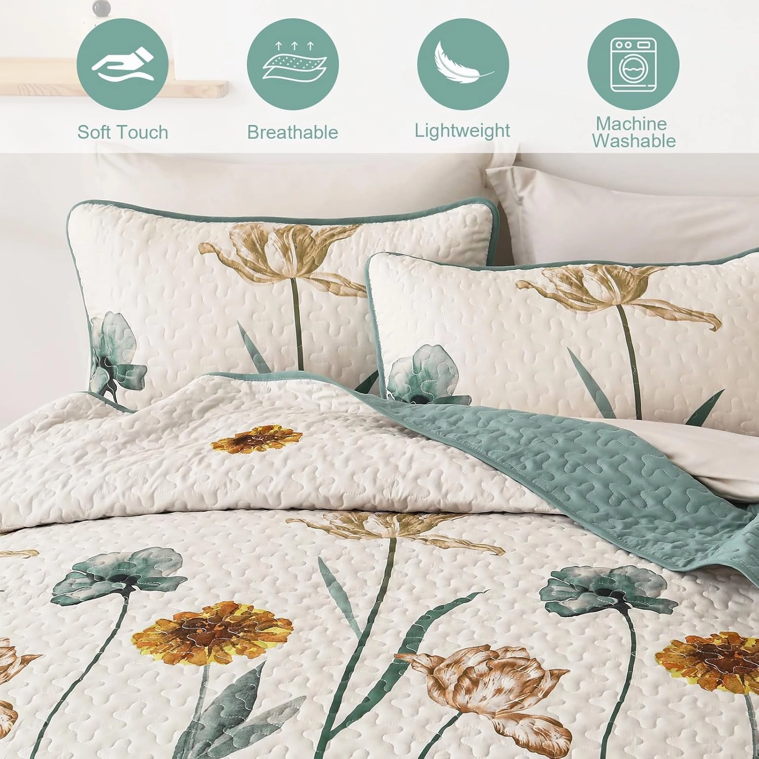 WONGS BEDDING Floral Quilt Set King,Green Yellow Printed Botanical Bedspread Bedding Set with 2 Pillowcase,Lightweight Spring Farmhouse Coverlet Set for All Season (104"x90")