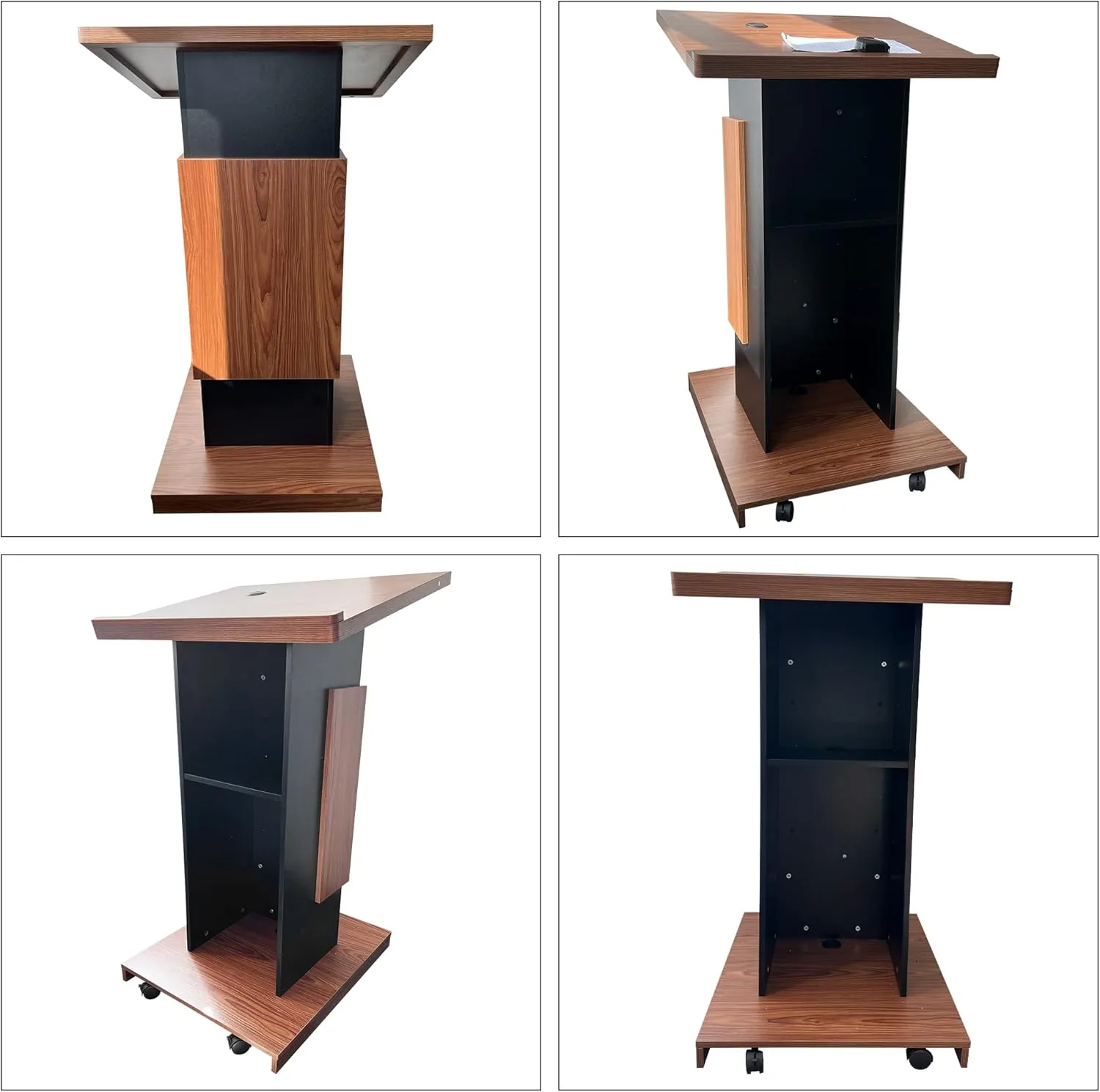 Wood Podium with Wheels,Wooden Lectern Stand,15MM Particle Board,Elegant Design with Storage,Mic Stand Space, Wooden Pulpit for Restaurants,Churches,Seminars and Schools