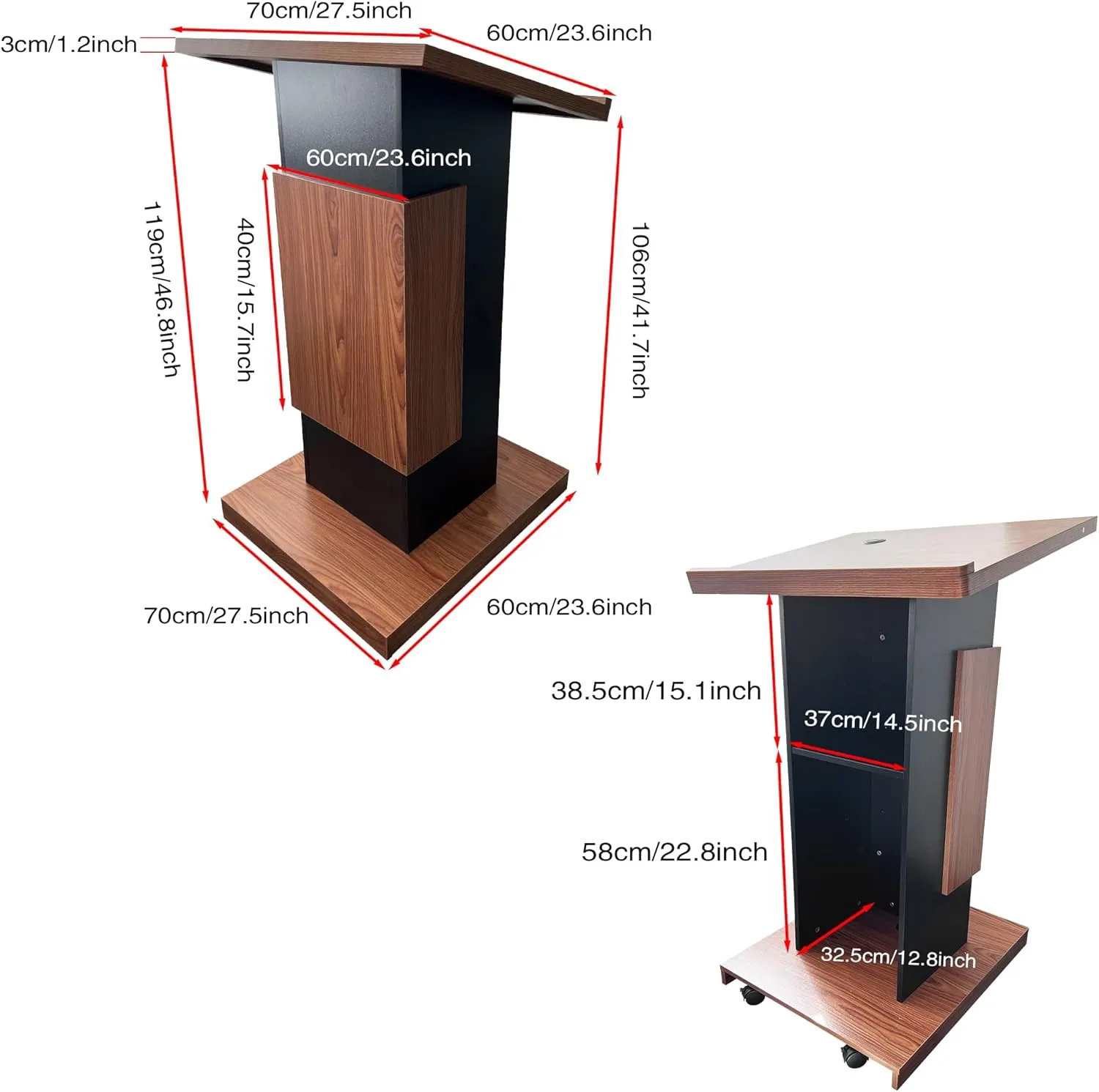 Wood Podium with Wheels,Wooden Lectern Stand,15MM Particle Board,Elegant Design with Storage,Mic Stand Space, Wooden Pulpit for Restaurants,Churches,Seminars and Schools