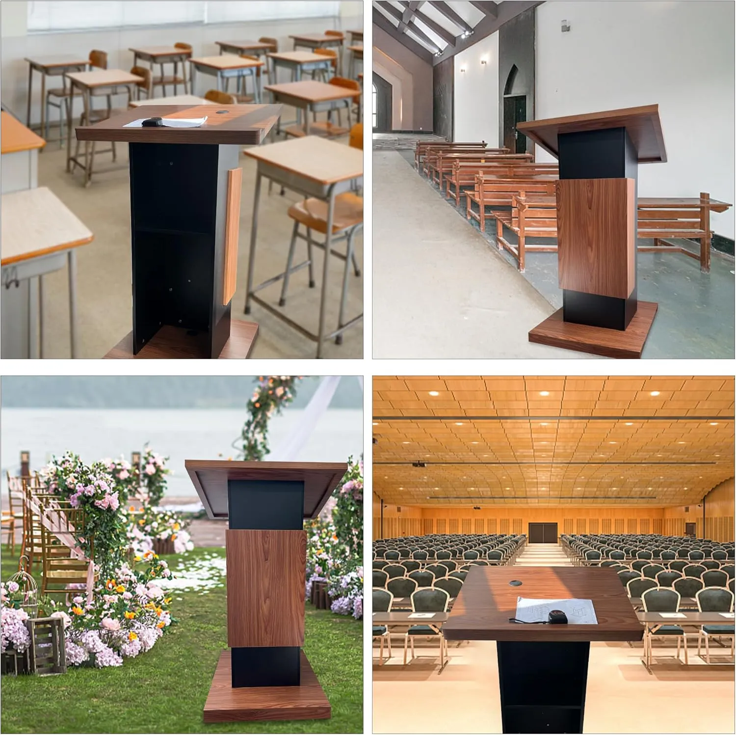 Wood Podium with Wheels,Wooden Lectern Stand,15MM Particle Board,Elegant Design with Storage,Mic Stand Space, Wooden Pulpit for Restaurants,Churches,Seminars and Schools
