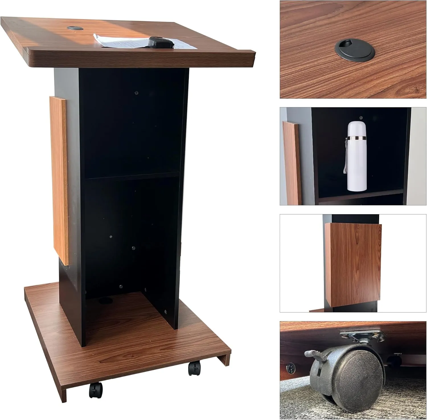 Wood Podium with Wheels,Wooden Lectern Stand,15MM Particle Board,Elegant Design with Storage,Mic Stand Space, Wooden Pulpit for Restaurants,Churches,Seminars and Schools