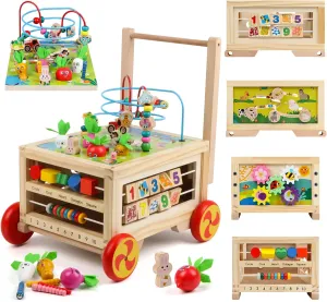 Wooden Activity Cube 7-in-1 Montessori Toy Multipurpose Educational Learning Toy for 1  Year Old Baby Toddler Kid Boy First Birthday Gift Bead Maze Gear Number Animal Board Carrots Harvest Game