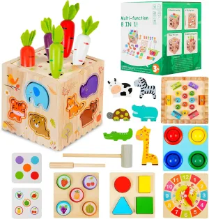 Wooden Activity Cube Montessori Toys for Toddler, 8 in 1 Baby Busy Play Center Learning Toy, Multifunctional Educational Gifts Toy for Kids Birthday Boys Girls