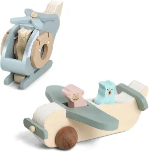 Wooden Airplane Toys Set for Toddlers, Air Transport Vehicles Play Set with Baby Push Car, Montessori Toy for Baby Gift