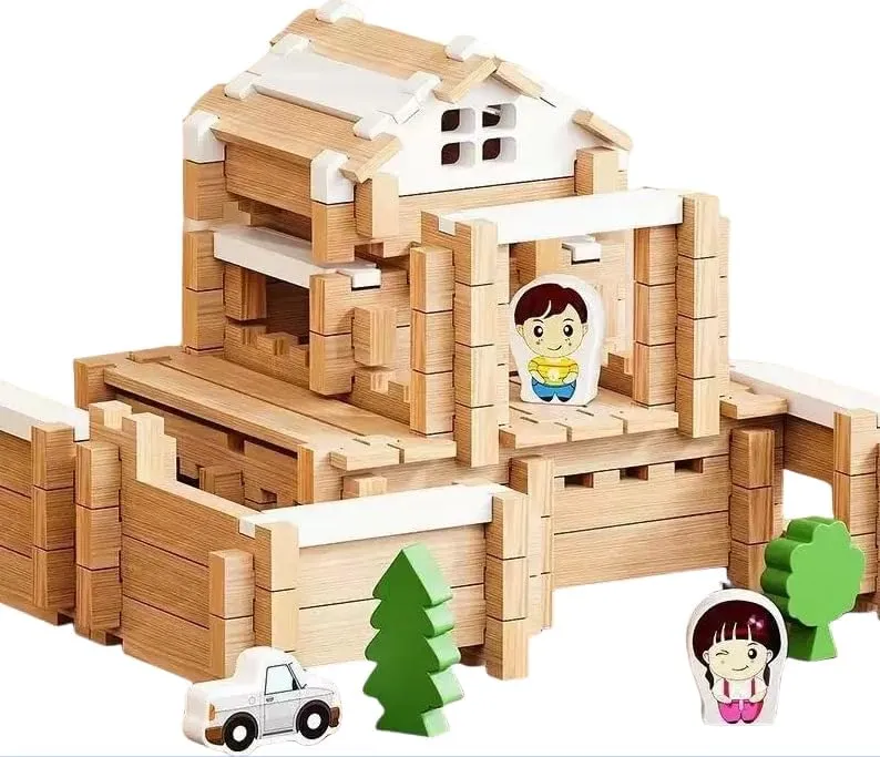Wooden Building Blocks Construction Set, 2-Story House Design with Figures, Educational STEM Toy