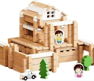 Wooden Building Blocks Construction Set, 2-Story House Design with Figures, Educational STEM Toy