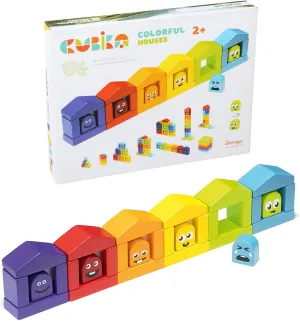 Wooden Construction Set Colorful Houses – 24-Piece Construction Play Set with Emotion Characters for Toddlers 2 – Montessori Toy for Creativity, Cognitive Development, and Emotion Recognition