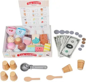 Wooden Ice Cream Counter Playset for Toddlers, Play Store Pretend Food Toy with Scoop & Menu & Fake Money, Play Food Scoop and Serve Ice Cream Counter, Ice Cream Shop Toys for Toddlers Ages 3 