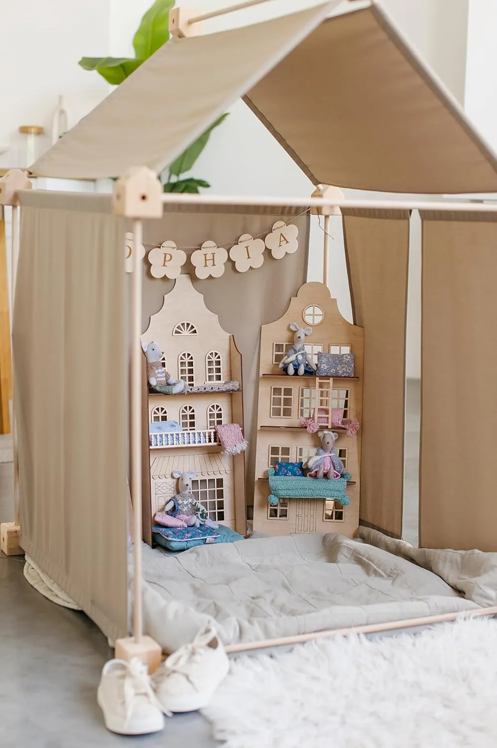 Wooden Indoor and Outdoor Playhouse/Kids Playhouse/Canvas Teepee Tent/Toddler Gift (Large, Sand Beige)