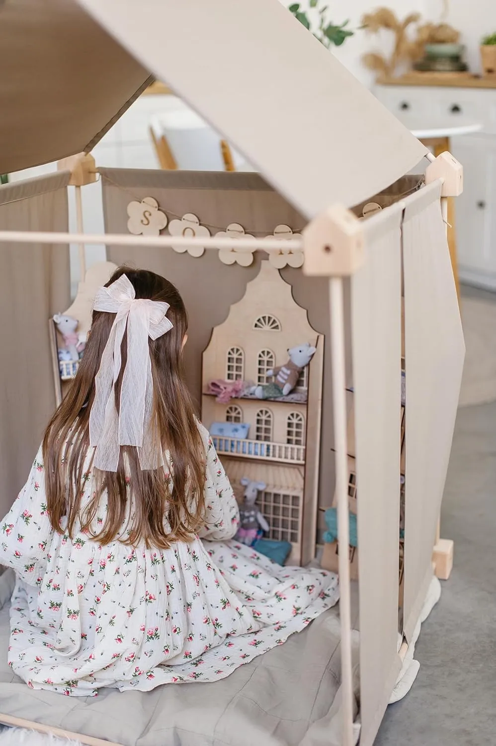 Wooden Indoor and Outdoor Playhouse/Kids Playhouse/Canvas Teepee Tent/Toddler Gift (Large, Sand Beige)