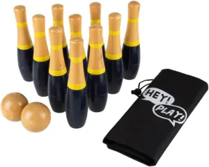 Wooden Lawn Bowling - Adults and Kids Bowling Set with 10 Pins, 2 Balls, Carry Bag - Indoor and Outdoor Games - Skittle Yard Games (Black)