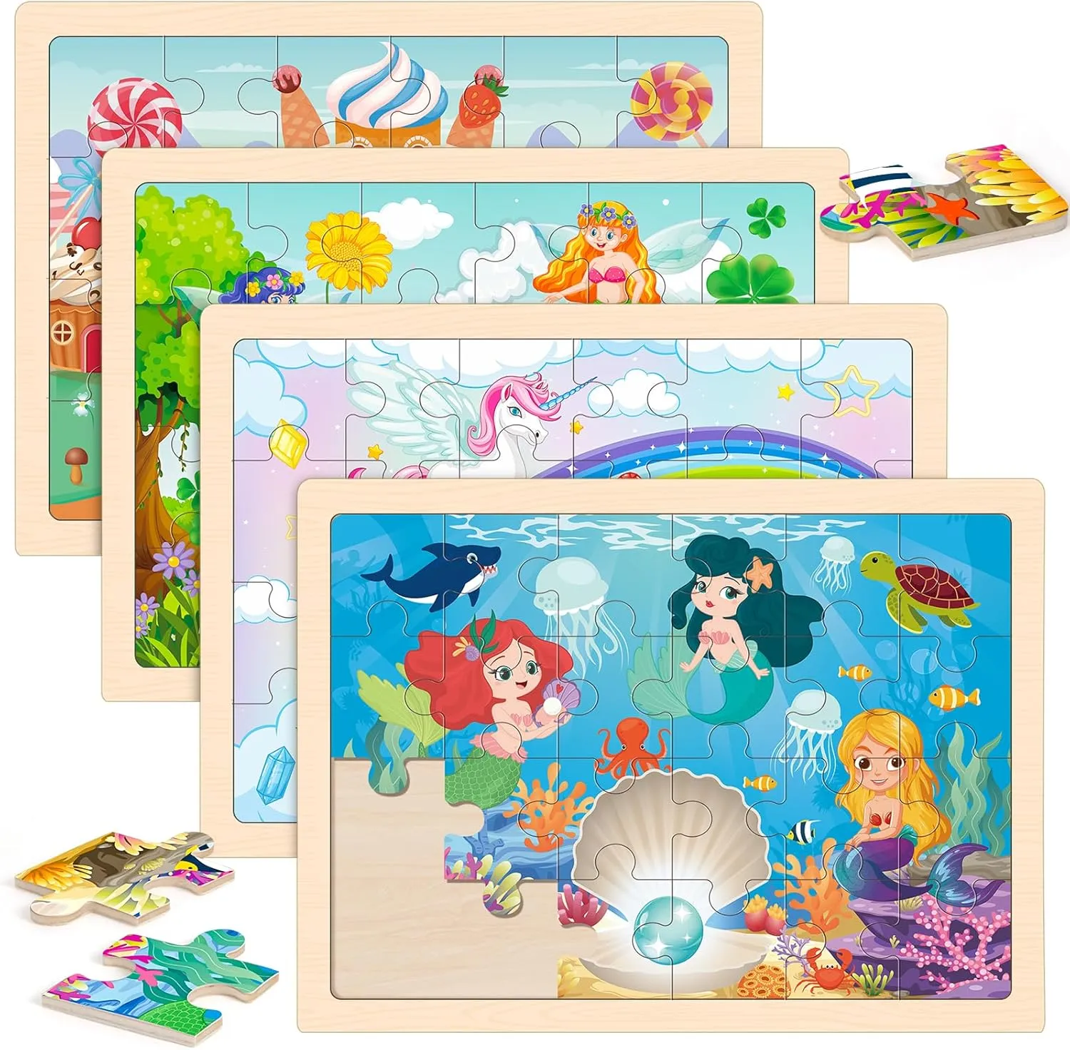 Wooden Princess Puzzles for Kids Age 3 4 5 Year Old, 4 Pack 24 Pcs Montessori Toddler Jigsaw Puzzles for Girl boy Activities Preschool Learning Educational Birthday Gift Travel Autistic Wooden Toys