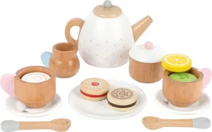 Wooden Toys-Premium 17 Piece Toy Tea Playset- Deluxe Play Pretend Food Set Includes Tea Pot, Cookies, Plates and Teacup-Ideal for Toddlers 3 