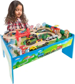 Wooden Train Set Table for Kids, Deluxe Had Painted with Tracks, Cars, Boats, and Accessories for Boys and Girls by Hey! Play!
