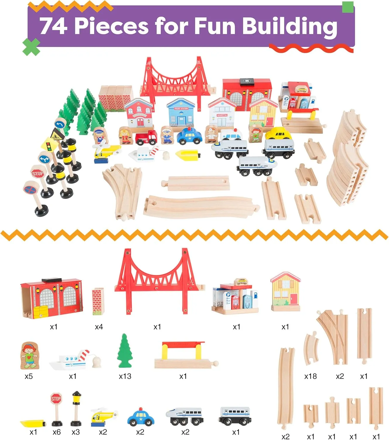 Wooden Train Set Table for Kids, Deluxe Had Painted with Tracks, Cars, Boats, and Accessories for Boys and Girls by Hey! Play!