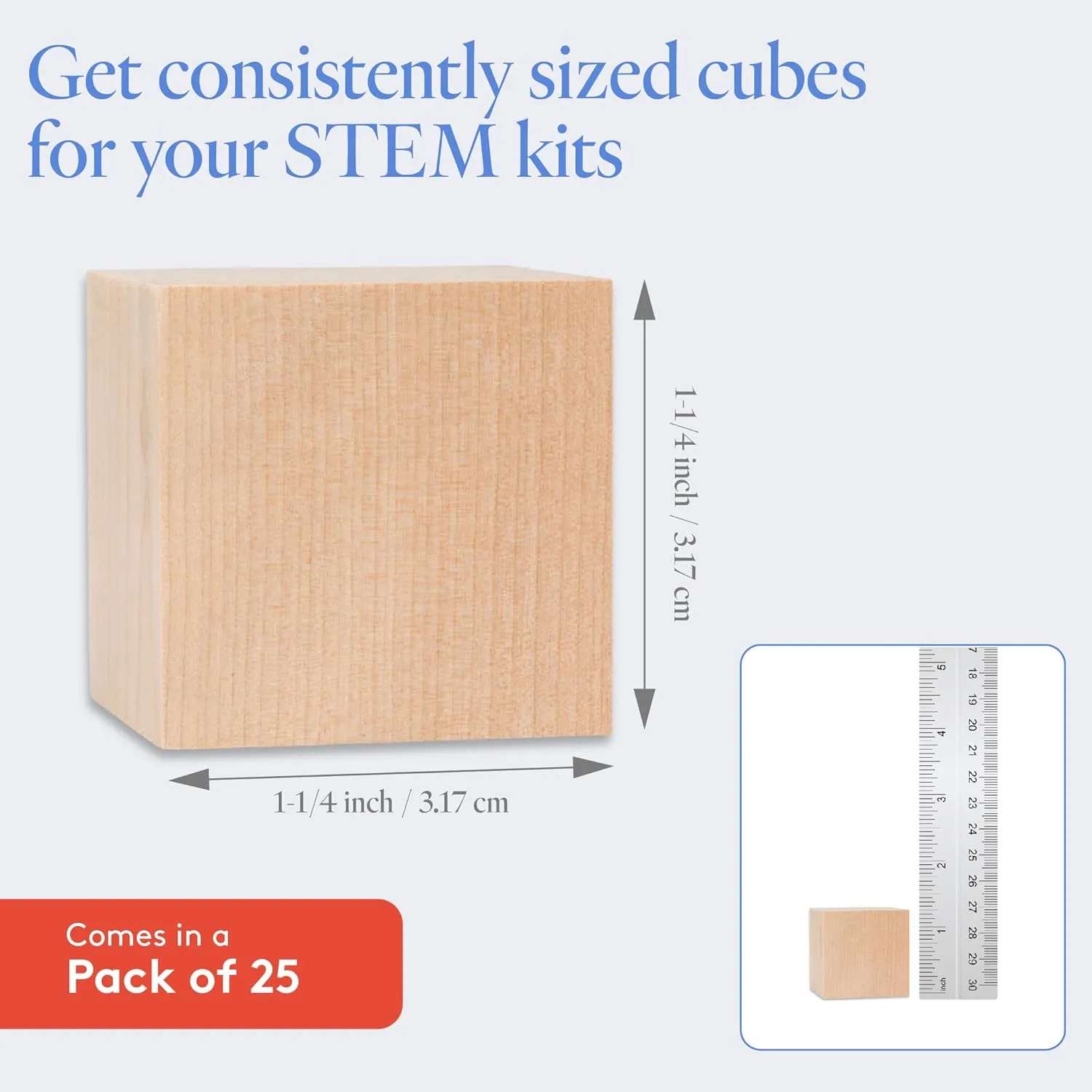 Woodpeckers Birch Wood 1-1/4 Inch Unfinished Wood Blocks, Pack of 25 Square Wooden Cubes for Crafts, STEM, Building