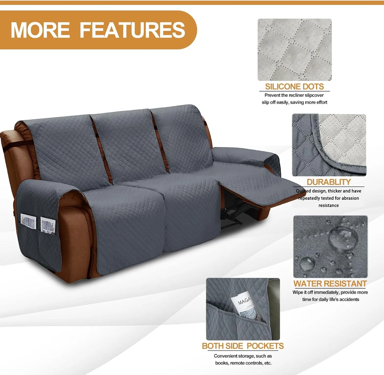 XINEAGE Water Resistant Recliner Cover, 3 seat Recliner Sofa Covers with Pockets, Quilted Thick Recliner Protector Cover for Dog Pets with Non Slip Backing and Strap (Recliner Sofa, Dark Gray)