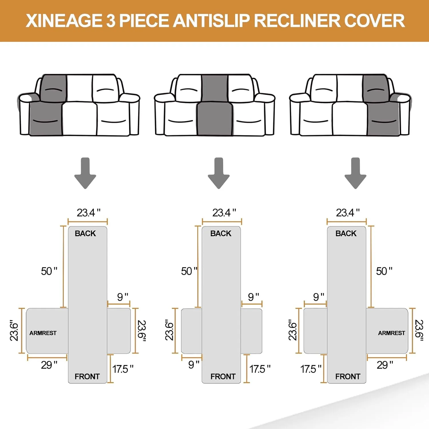 XINEAGE Water Resistant Recliner Cover, 3 seat Recliner Sofa Covers with Pockets, Quilted Thick Recliner Protector Cover for Dog Pets with Non Slip Backing and Strap (Recliner Sofa, Dark Gray)