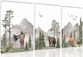 Yaneiro Woodland Nursery Canvas Wall Art Set of 3, Wild Animals Forest Adventure Theme Posters Prints, Deer Bear Fox Watercolor Paintings Wall Decor for Boys and Girls Room 12x16in Framed
