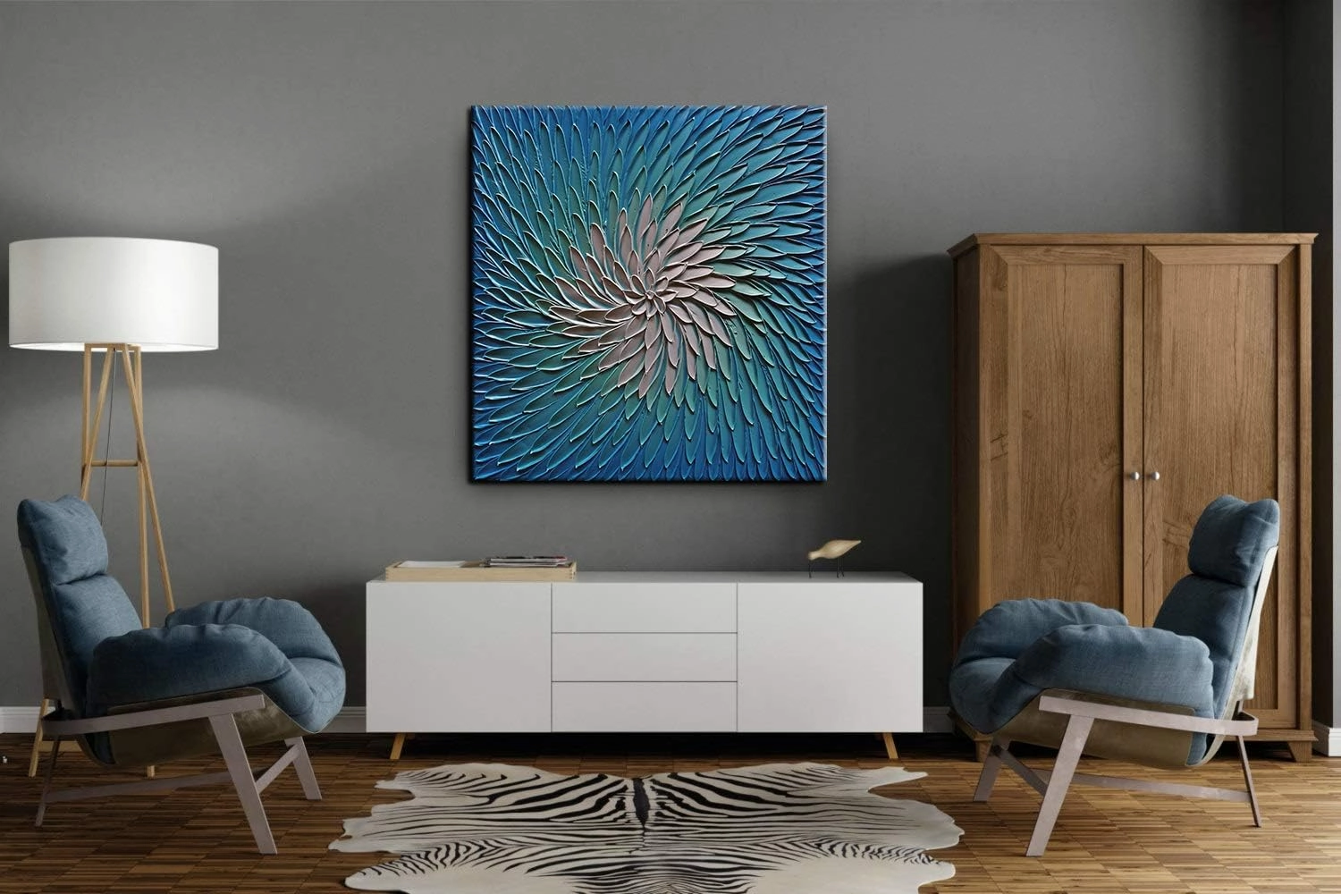 YaSheng Art - 3D Metallic Bead light Blue and Silver Texture Oil Painting on Canvas Abstract Art Pictures Canvas Wall Art Paintings Modern Home Decor Abstract Paintings Ready to hang 30x30inch
