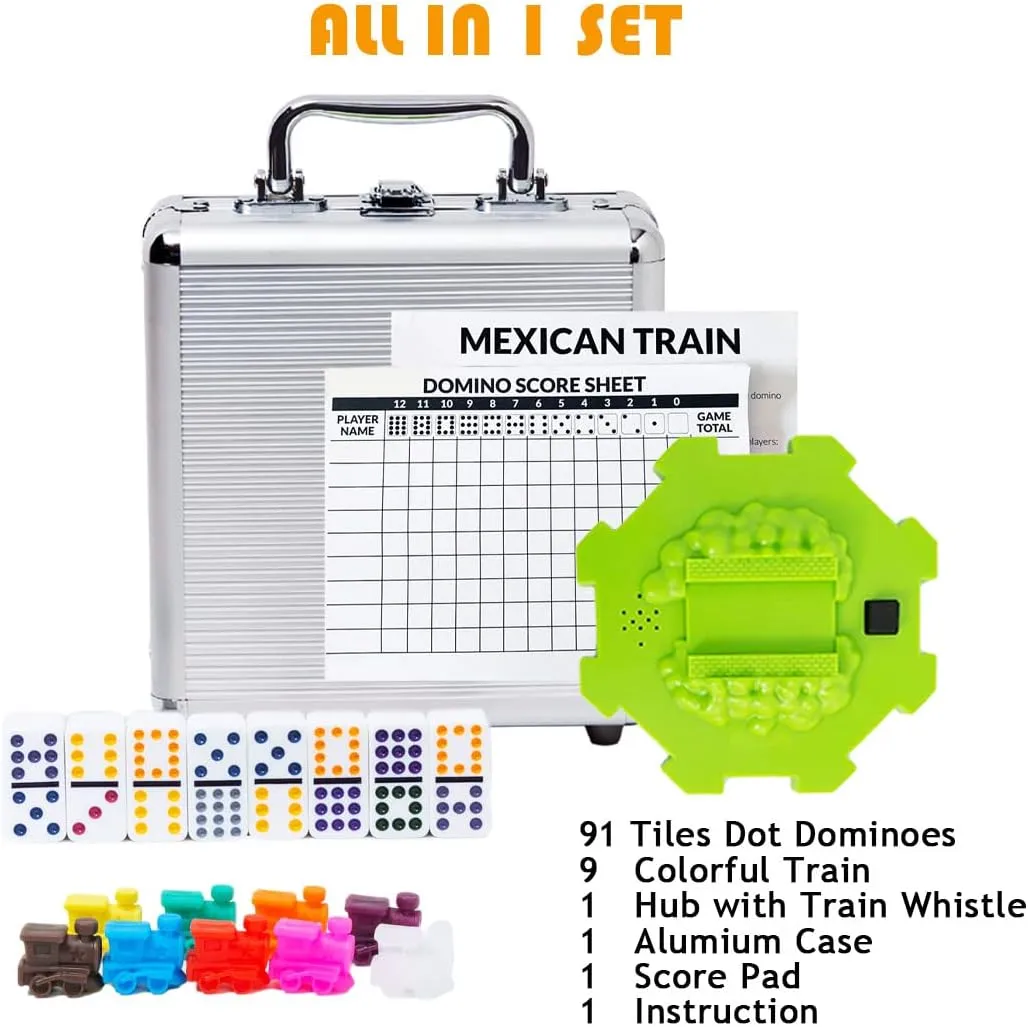 Yinlo Mexican Train Dominoes Set with Sound Effects, Mexican Train Dominoes Game for Travel, 91 Tiles Double12 Colored Dominoes Game Set with Aluminum Case