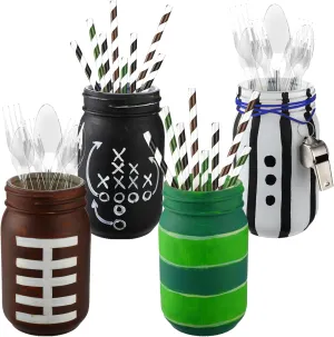 Yousoontic 4 Pcs Football Party Decorations Football Mason Jar Centerpiece for Table Sports Themed Mason Jars Table Toppers 17 oz Football Painted Decorative Jars Gift for Birthday Baby Shower Match