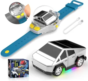 YUZ Mini Remote Control Car Watch Toy with LED Lights, 2.4G RC Cars Toy Car Watch USB Charging Hand Controlled Watch RC Car for Kids Boys Girls for Birthday Christmas Holiday Party Gifts, Grey