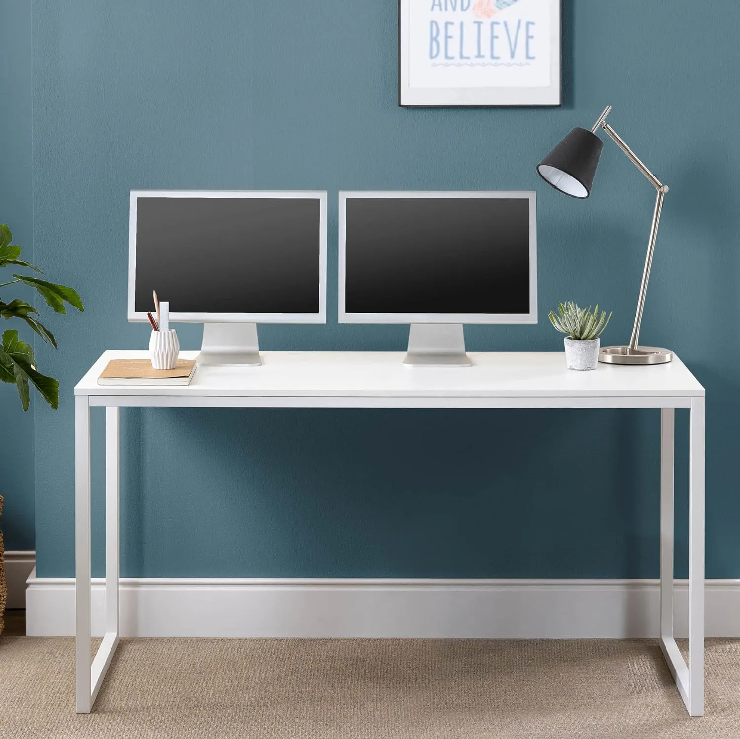 ZINUS Jennifer 55 Inch White Frame Desk, Computer Workstation, Office Desk, Easy Assembly, White