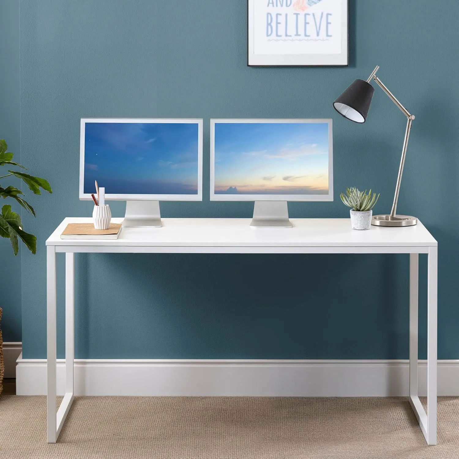 ZINUS Jennifer 55 Inch White Frame Desk, Computer Workstation, Office Desk, Easy Assembly, White