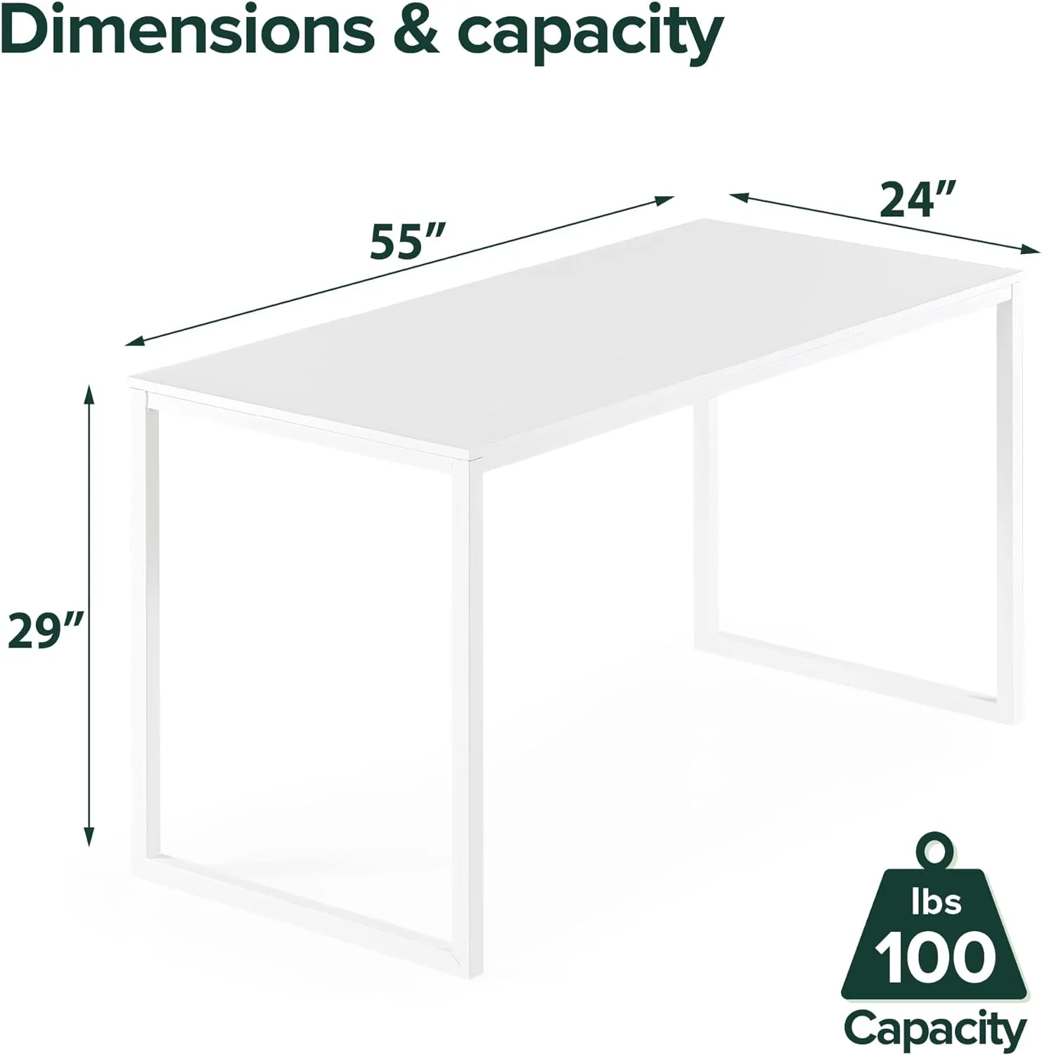 ZINUS Jennifer 55 Inch White Frame Desk, Computer Workstation, Office Desk, Easy Assembly, White
