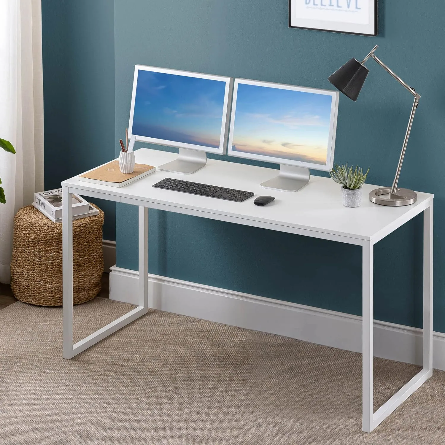 ZINUS Jennifer 55 Inch White Frame Desk, Computer Workstation, Office Desk, Easy Assembly, White