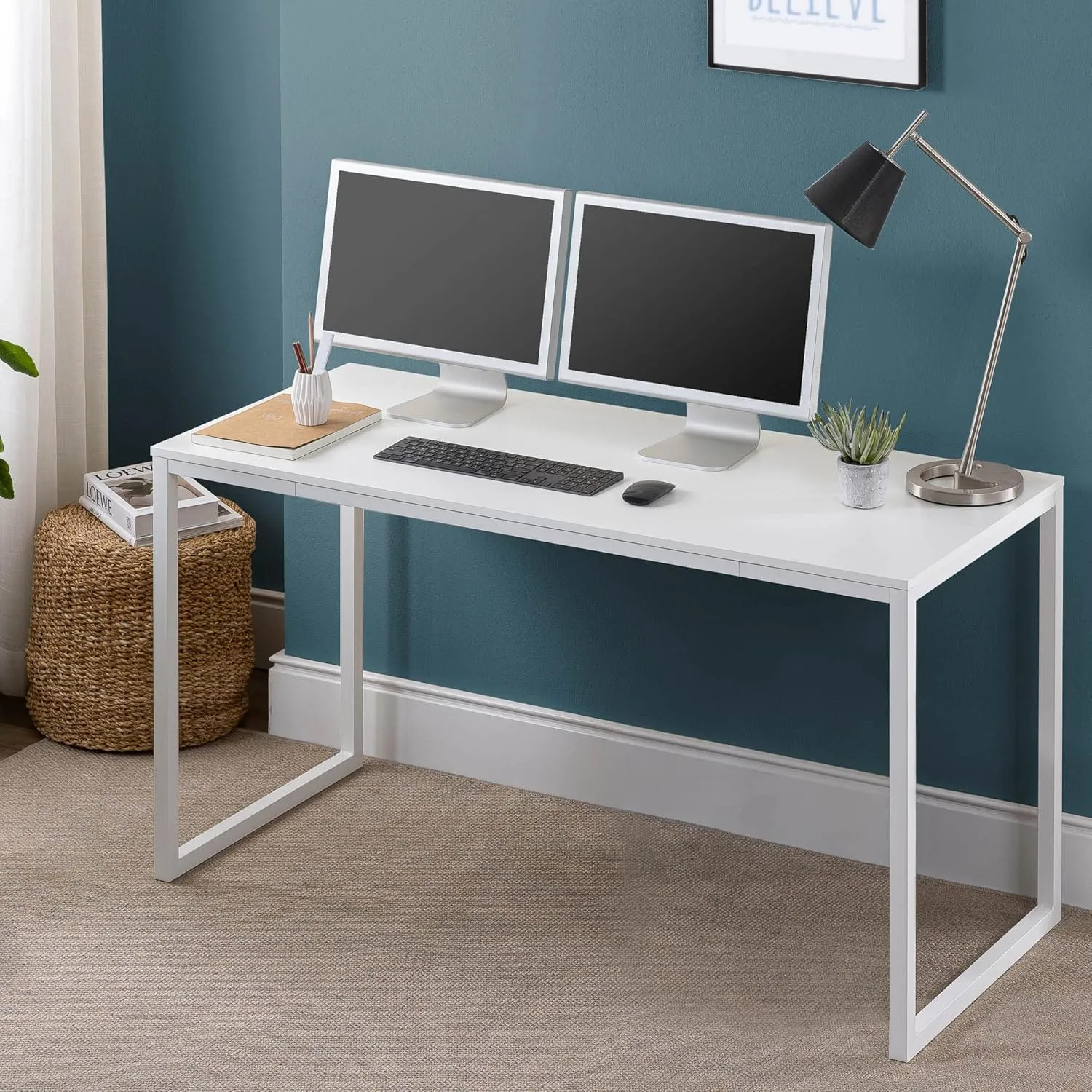 ZINUS Jennifer 55 Inch White Frame Desk, Computer Workstation, Office Desk, Easy Assembly, White
