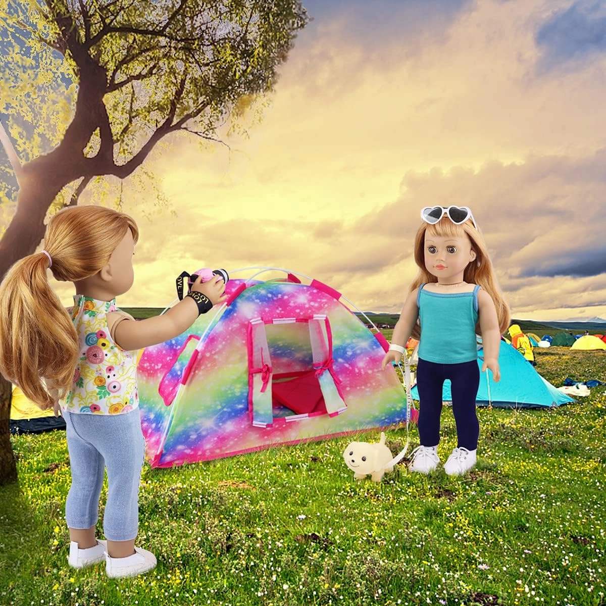 ZITA ELEMENT 7 Items Fashion Doll Camping Tent Set for 18 Inch Girl Doll Accessories - Including 18 Inch Doll Camping Tent, Sleeping Bag, Clothes Set, Shoes, Camera, Eye Glasses and Toy Dog